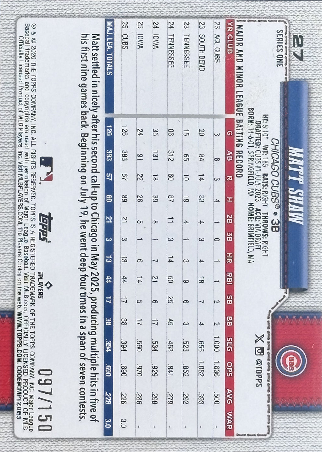 2026 Topps series one Matt Shaw Numero 097/150