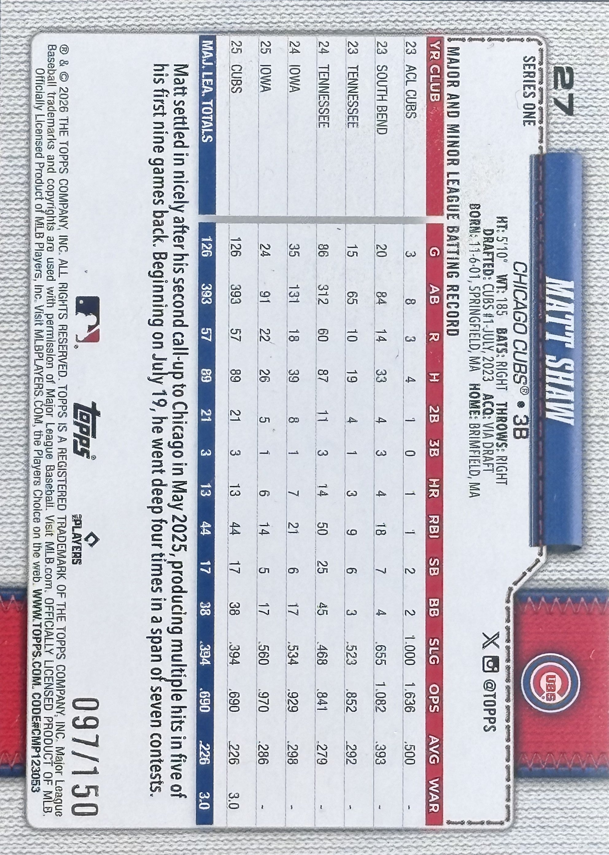 2026 Topps series one Matt Shaw Numero 097/150