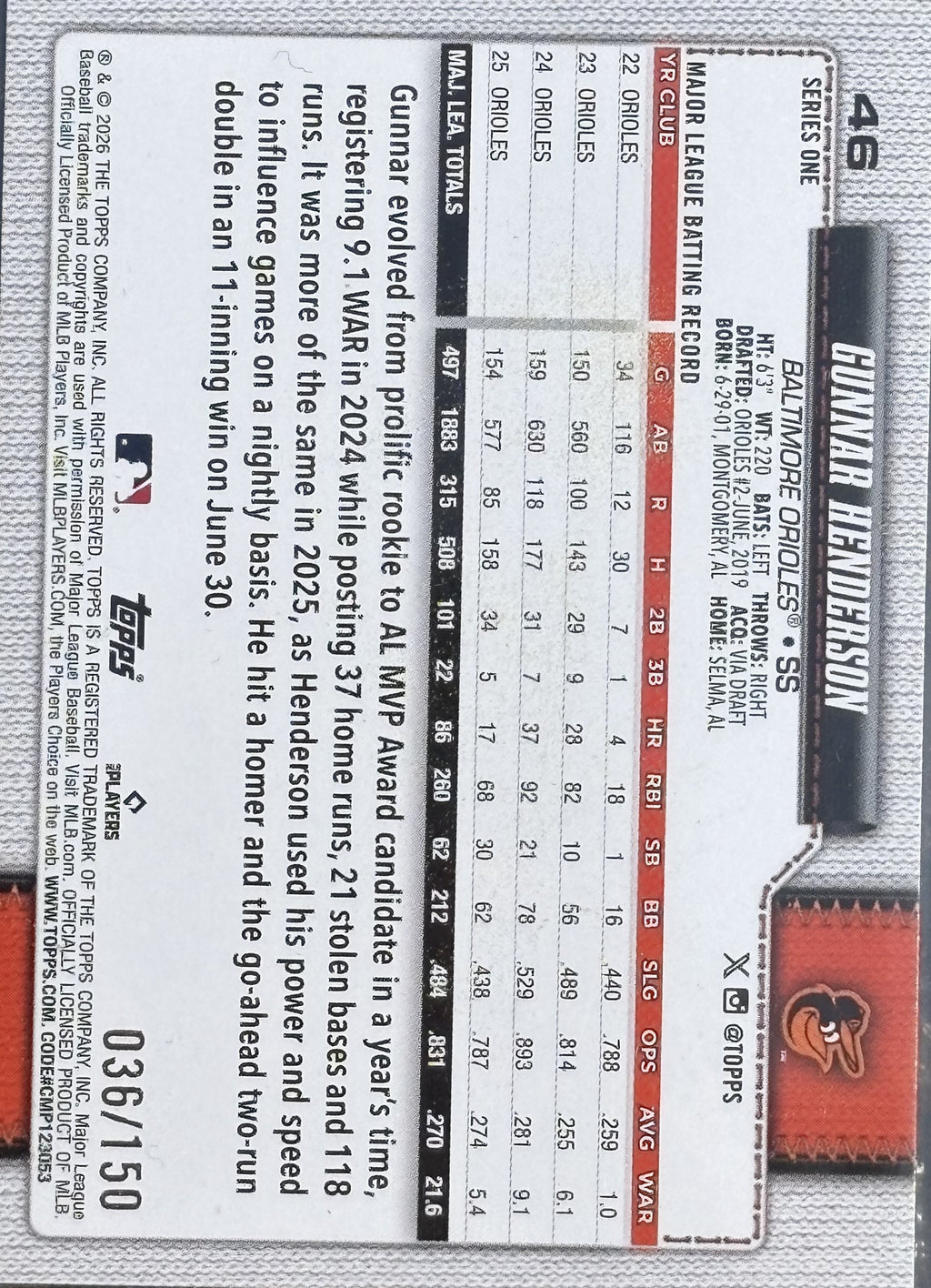 2026 Topps series one Gunnar Henderson Numero 036/150